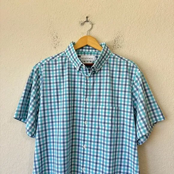 MIZZEN+MAIN Leeward Shirt Blue Plaid Trim Fit Button Down SS Stretch